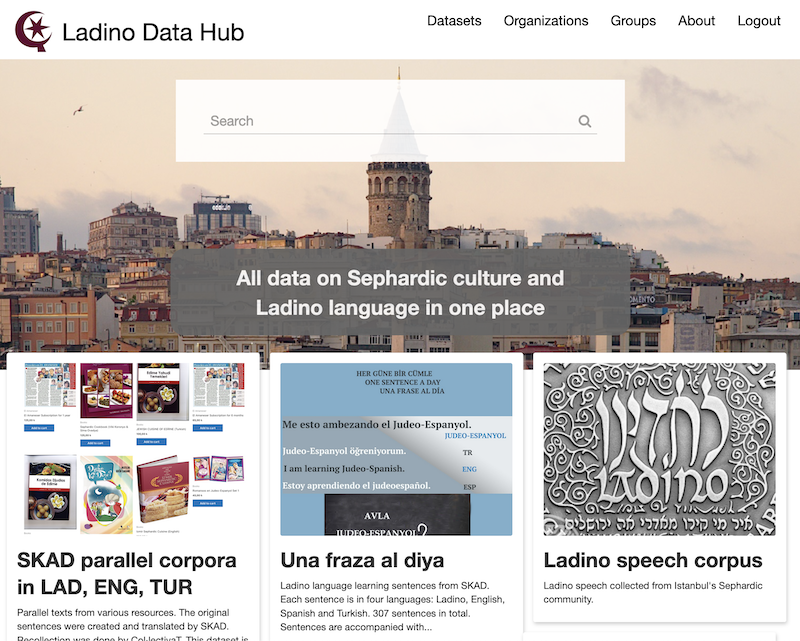 Ladino data hub entry page with three of the datasets related to Ladino language
